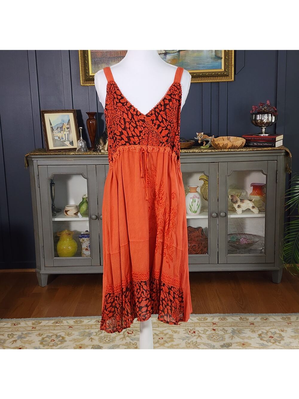 Raya Sun Orange Embroidered Slip Dress Medium Y2K Resort Beach Festival